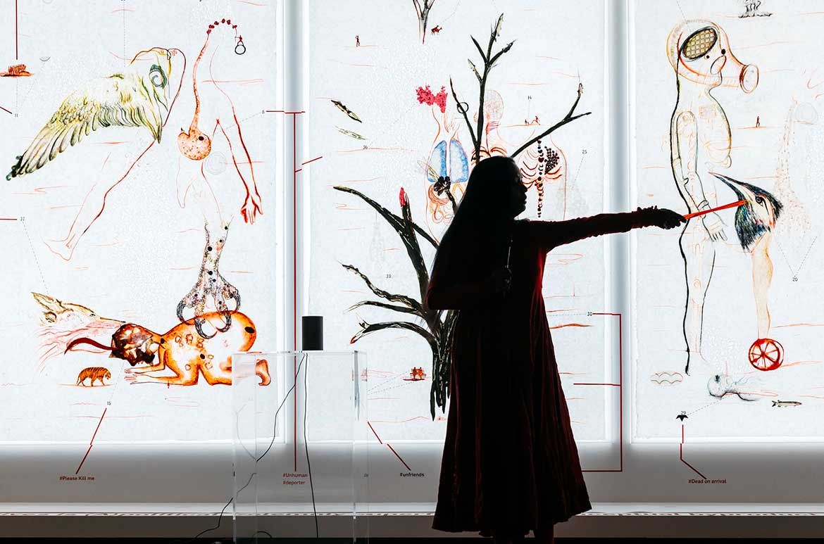 Mithu Sen, India b.1971 / UnMYthU: UnKIND(s) Alternatives 2018 / Mixed media on unique edition custom made kozo paper, lightboxes, wall drawing, contracts, found objects / Commissioned for ‘The 9th Asia Pacific Triennial of Contemporary Art’ (APT9) / Courtesy: The artist and Gallery Chemould, Mumbai / © Mithu Sen