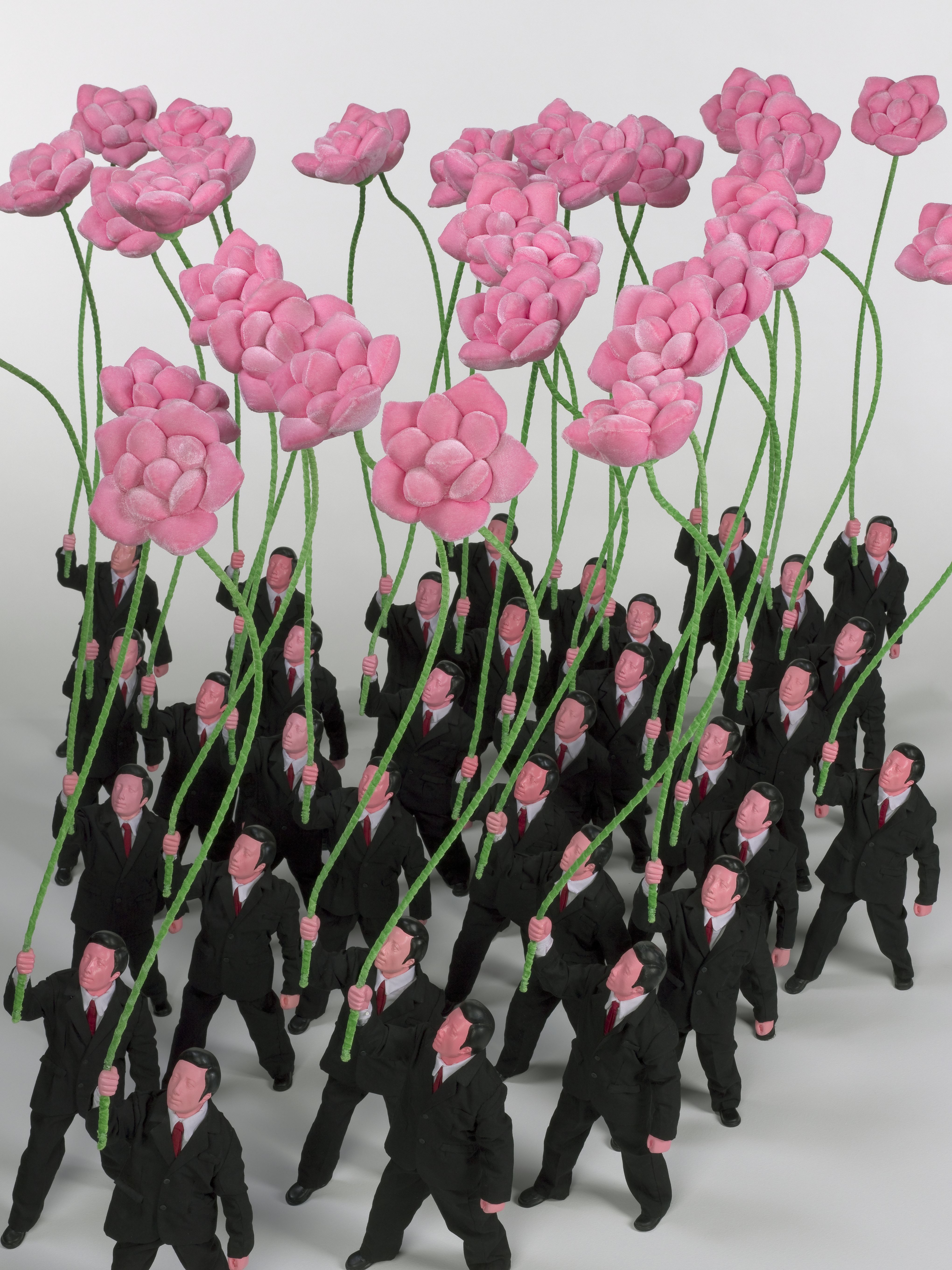 Zhu Weibing, Artist, China b.1971 / Ji Wenyu, Artist, China b.1959 / People holding flowers (detail) 2007 / Synthetic polymer paint on resin; velour, steel wire, dacron, lodestone and cotton / 400 pieces: 100 x 18 x 8cm (each) / The Kenneth and Yasuko Myer Collection of Contemporary Asian Art. Purchased 2008 with funds from Michael Sidney Myer through the Queensland Art Gallery Foundation / Collection: Queensland Art Gallery | Gallery of Modern Art / © The artists
