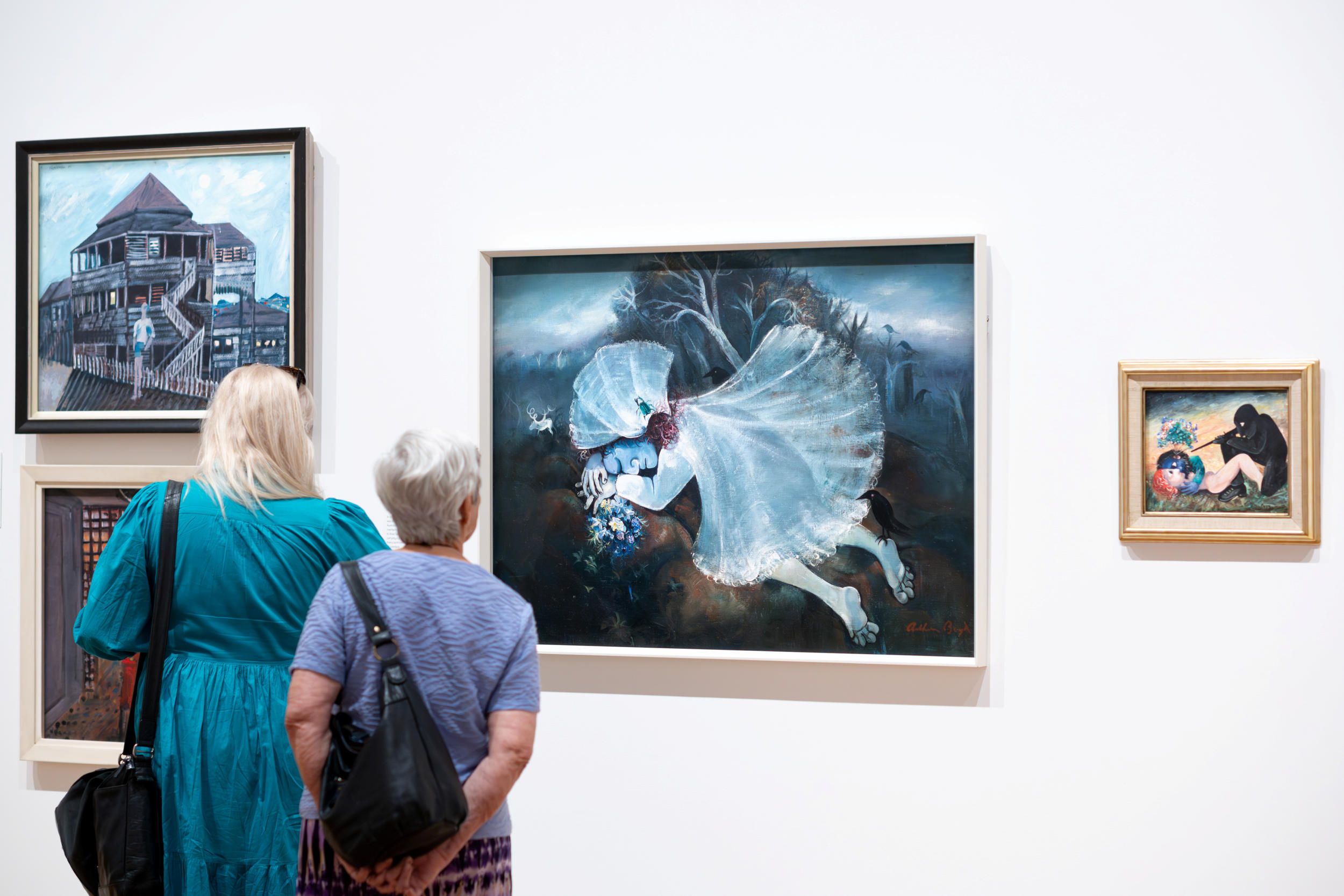 Left: Charles Blackman, Australia 1928–2018 / (Self-portrait in front of a boarding house, Spring Hill) 1951 / Purchased 2011. QAGOMA Foundation / Collection: QAGOMA © Charles Blackman/Copyright Agency



Arthur Boyd, Australia 1920–1999 / Centre: Sleeping bride 1957-58 / Gift of Paul Taylor in memory of his parents Eric and Marion Taylor through the QAGOMA Foundation 2016. Donated through the Australian Government's Cultural Gifts Program / Collection: QAGOMA / Right: Persecuted Lovers 1957-78 / The Taylor Family Collection. Gift of Paul, Sue and Kate Taylor through the QAGOMA Foundation 2017. Donated through the Australian Government's Cultural Gifts Program / Collection: QAGOMA © Arthur Boyd's work reproduced with the permission of Bundanon Trust