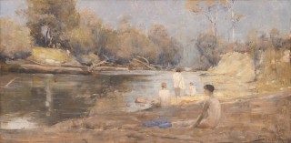 Arthur Streeton, Australia 1867-1943 / The bathers 1891 / Oil on canvas / 31.2 x 62.6 cm / Purchased 1951. Maria Theresa Treweeke Bequest / Collection: Queensland Art Gallery | Gallery of Modern Art