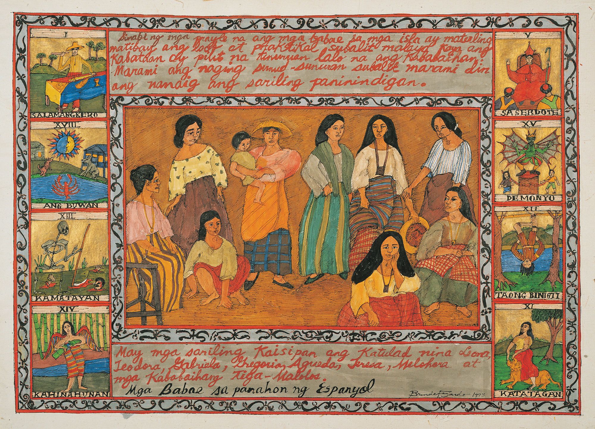Brenda V. Fajardo, Philippines 1940 - 2024 / Mga Babae sa Panahon ng Espanyol (Women during the Spanish colonial period) (from 'Cards of life - Women's series') 1993 / Pen and ink with gold leaf on handmade paper / 52.5 x 72cm / The Kenneth and Yasuko Myer Collection of Contemporary Asian Art. Purchased 1993 with funds from The Myer Foundation and Michael Sidney Myer through the QAG Foundation / Collection: Queensland Art Gallery | Gallery of Modern Art / © Brenda Fajardo