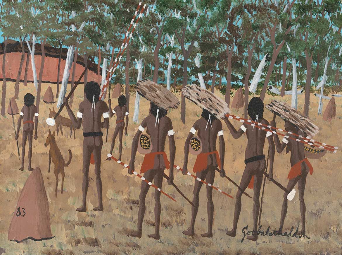 Goobalathaldin Dick Roughsey, Lardil people, Australia 1924-85 / Tribe on the move in the past, Cape York 1983 / Oil on board / 30 x 40cm / Gift of Simon, Maggie and Pearl Wright through the QAG Foundation 2015. Donated through the Australian Government’s Cultural Gifts Program / Collection: Queensland Art Gallery | Gallery of Modern Art / © Estate of Dick Roughsey Estate/ Copyright Agency