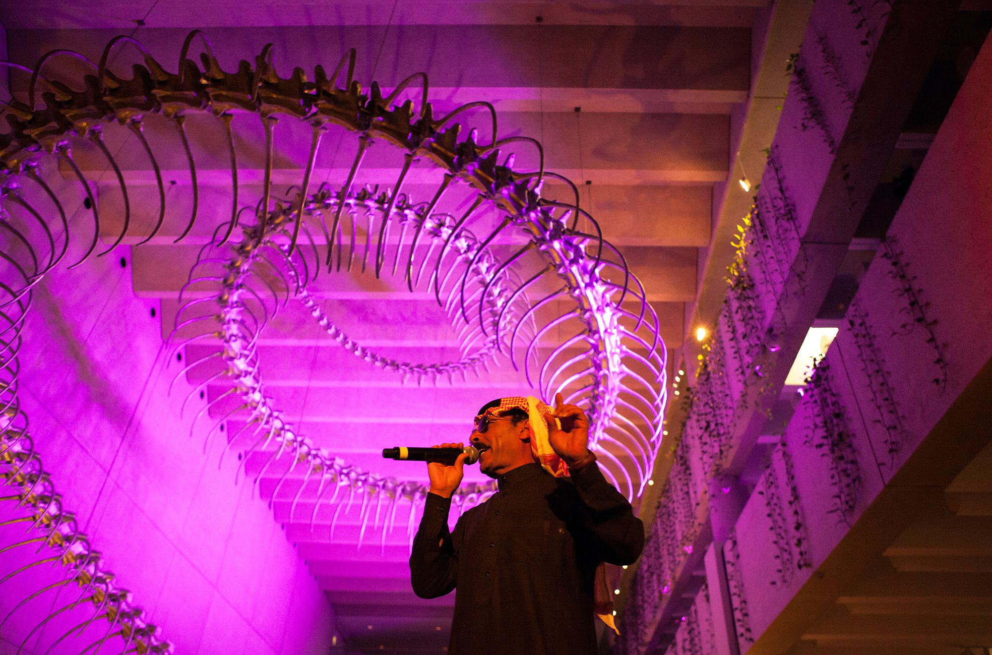 Syrian singer Omar Souleyman performed under Huang Yong Ping’s gigantic snake skeleton in the Queensland Art Gallery Watermall during ‘The 7th Asia Pacific Triennial of Contemporary Art’, 2012 / Photograph: B Standen © QAGOMA