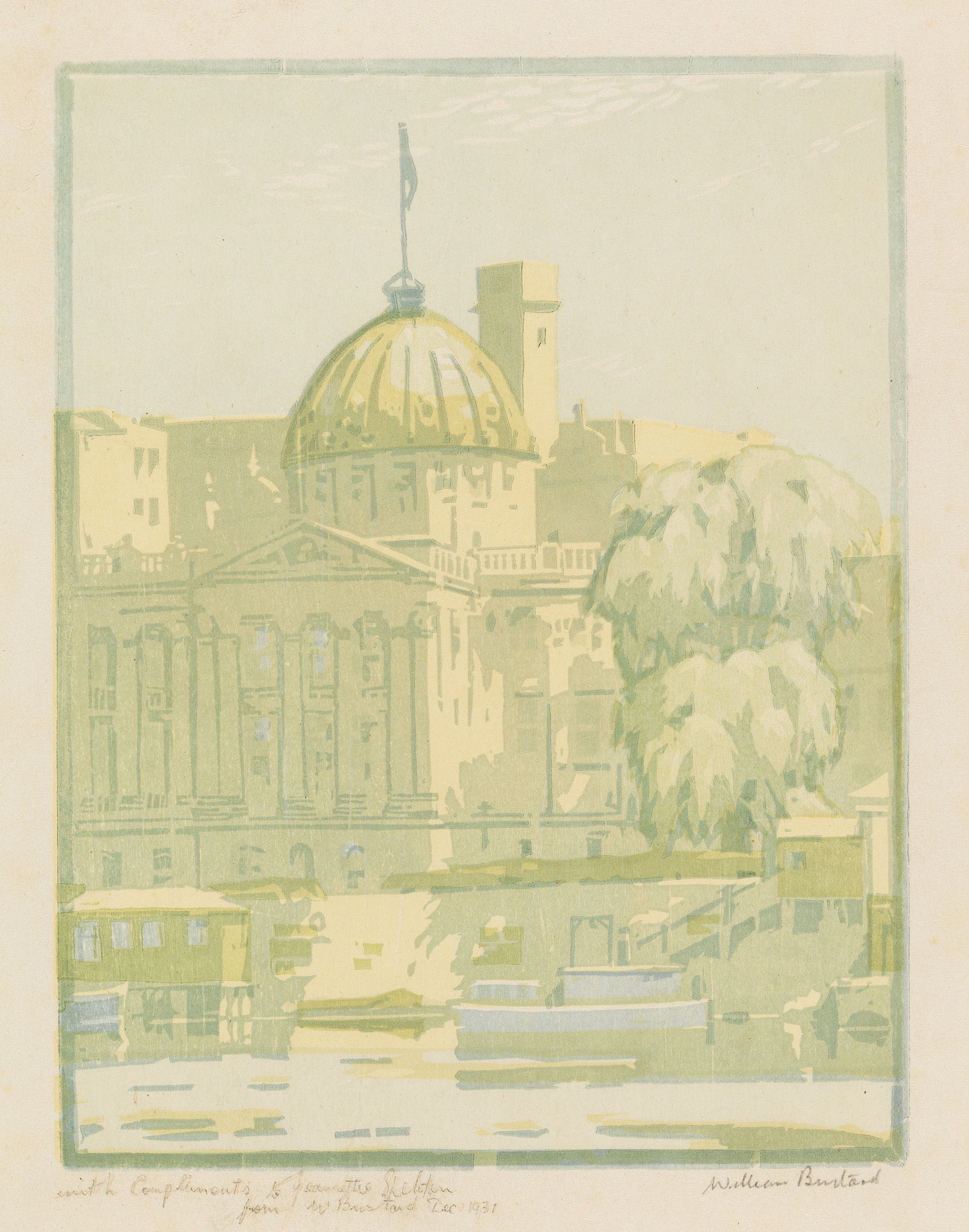 William Bustard, England/Australia 1894–1973 / Customs House, Brisbane 1931 / Colour linocut on wove paper / 28.2 x 22cm / Gift of the John Oxley Library, Brisbane 1976 / Collection: Queensland Art Gallery | Gallery of Modern Art / © William Bustard Estate