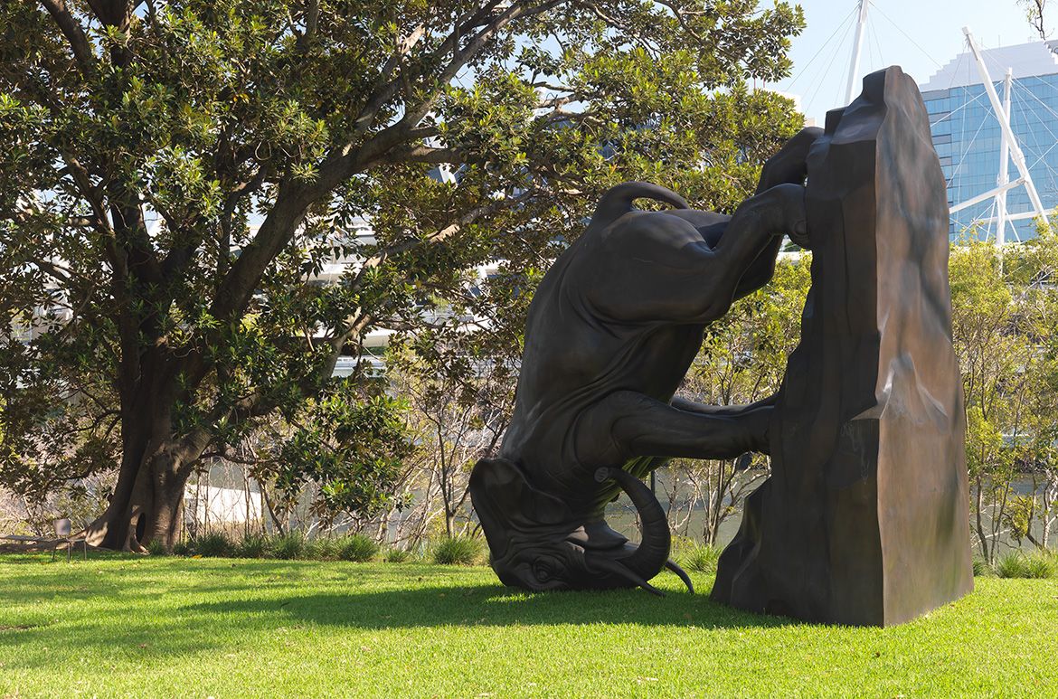 Michael Parekowhai, Ngāti Whakarongo, New Zealand b.1968 / The World Turns 2011-12 / Bronze / 488 x 456 x 293cm (approx.) / Commissioned 2011 to mark the fifth anniversary of the opening of the Gallery of Modern Art in 2006 and twenty years of The Asia Pacific Triennial of Contemporary Art / This project has received financial assistance from the Queensland Government through art+place Queensland Public Art Fund, and from the QAG Foundation / Collection: Queensland Art Gallery | Gallery of Modern Art / © Michael Parekowhai