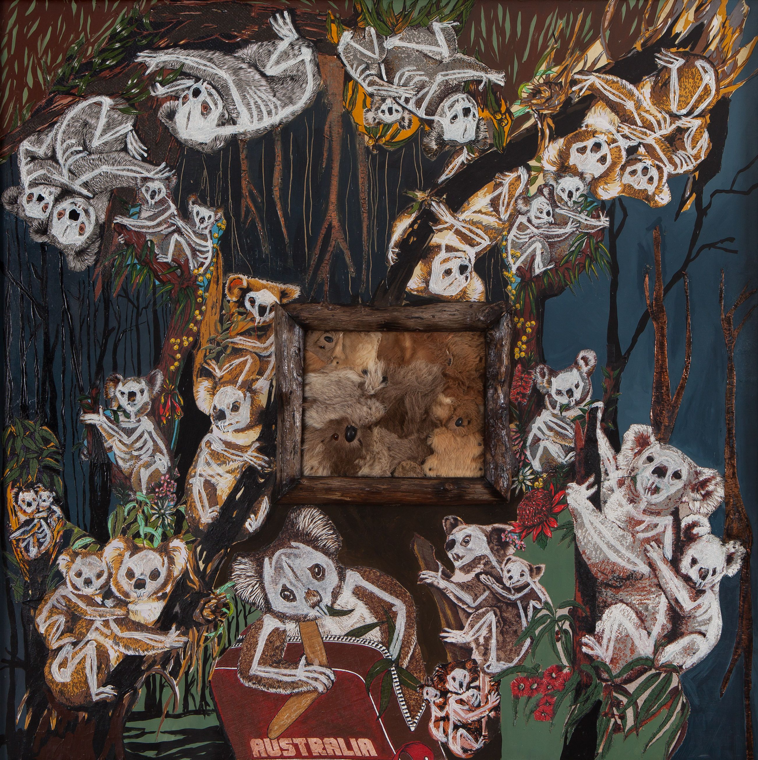 Karla Dickens / Australia, Wiradjuri people, b.1967 / Cuddling bones (from ‘Disastrous’ series) 2022 / Mixed media / 124 x 124cm / Courtesy: The artist and STATION, Melbourne and Sydney