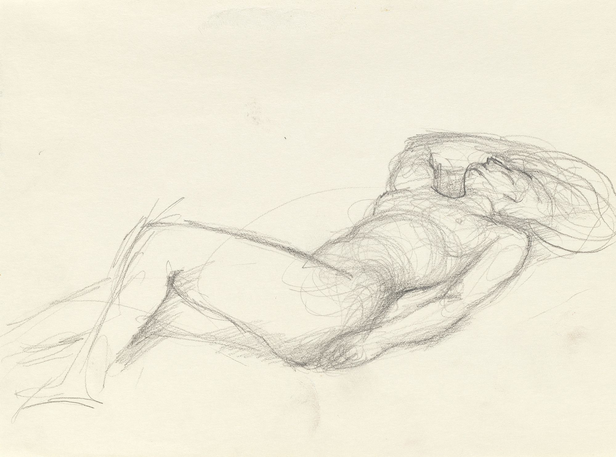 Margaret Cilento, Queensland Australia 1923–2006 / Reclining nude c.1970s / Pencil on paper from a spiral bound notebook / 22 x 28cm / Bequest of Margaret Cilento through the QAG Foundation 2008 / Collection: Queensland Art Gallery | Gallery of Modern Art / © Margaret Cilento Estate