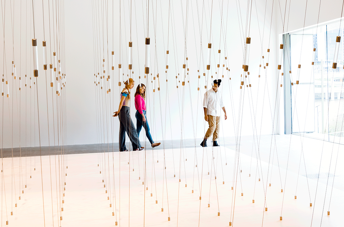 Kaili Chun, Kanaka ‘Ōiwi, Hawaii b.1962 / Uwē ka lani, Ola ka honua (When the heavens weep the earth lives) 2021-ongoing / Stainless steel, plexiglass, metal, water, four-channel soundscape: 20 minutes, looped, digital interactive / Commissioned for the 10th Triennial. Purchased 2022. QAGOMA Foundation / Collection: Queensland Art Gallery | Gallery of Modern Art / © Kaili Chun / Photograph N Harth © QAGOMA