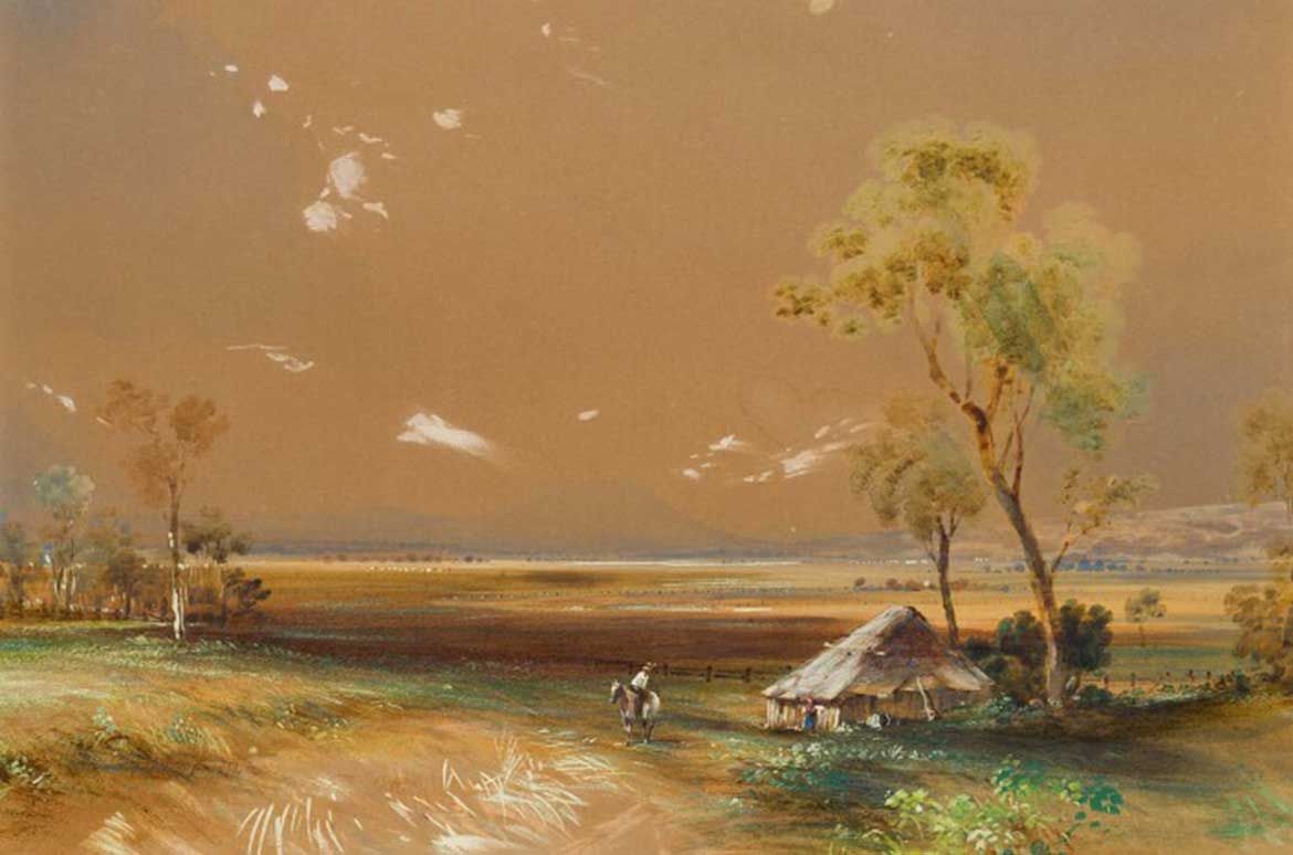 Conrad Martens, England/Australia 1801-78 / The bark hut on the plain, Darling Downs, Qld., Mount Sturt from Glengallan c.1850s / Watercolour and gouache / Purchased 2014 with funds from the Honourable John C Moore, AO, through the QAGOMA Foundation / Collection: Queensland Art Gallery | Gallery of Modern Art