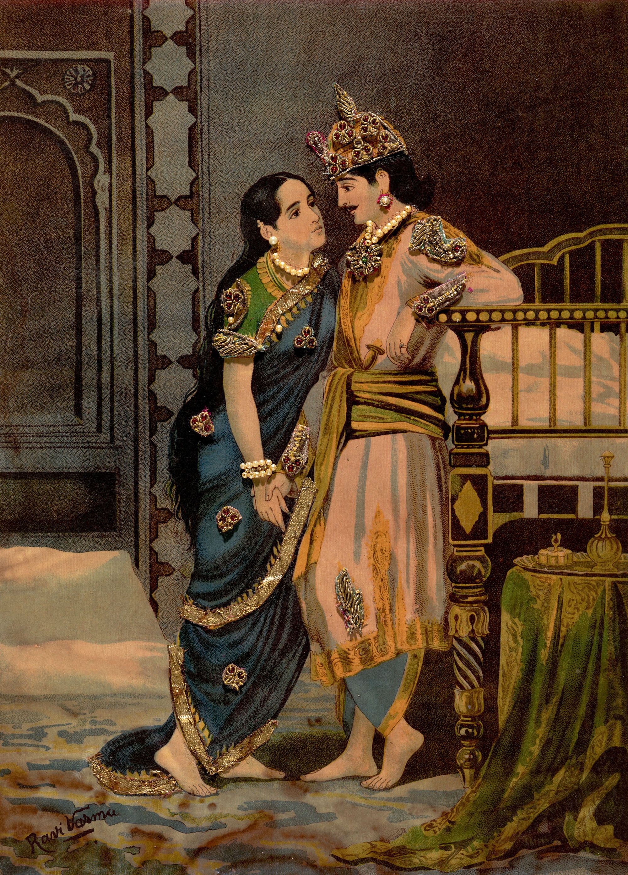Raja Ravi Varma, India 1848–1906 / Ravi Varma Press / Sri Ram Janki Vilas early 20th century / Oleograph with zardozi work / 35.5 x 25.4cm / Purchased 2025 with funds from the Henry and Amanda Bartlett Trust through the QAGOMA Foundation / Collection: Queensland Art Gallery | Gallery of Modern Art