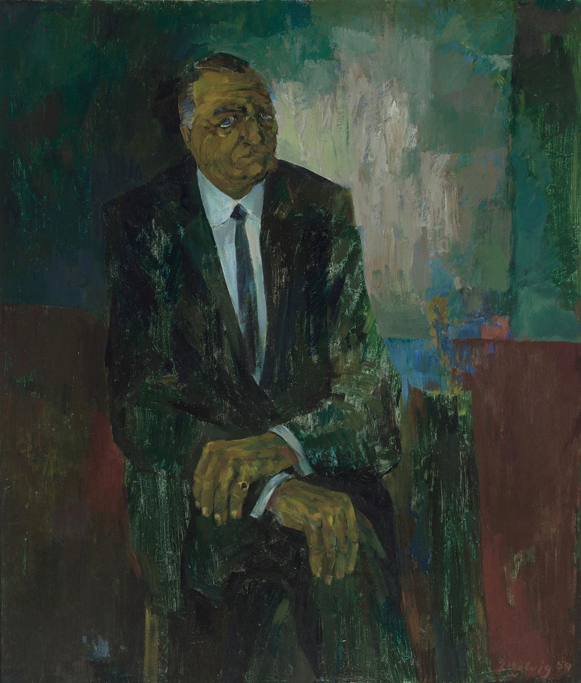 Jon Molvig, Australia 1923‑70 / Portrait of Russell Cuppaidge 1959 / Oil on composition board / 121.9 x 104.4 cm / Purchased 1978 / Collection: Queensland Art Gallery | Gallery of Modern Art / © Otte Bartzis