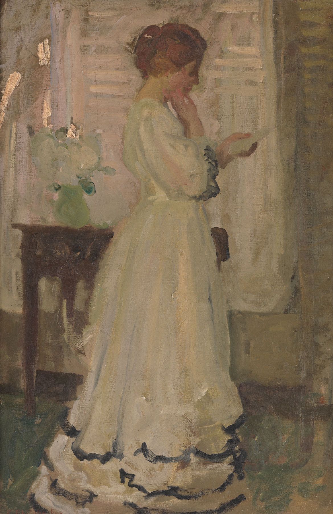E. Phillips Fox, Australia/France 1865-1915 / The letter c.1908-10 / Oil on canvas laid down on composition board / 76.5 x 50.7cm; 87.2 x 61.3cm (framed) / Purchased 1955 / Collection: Queensland Art Gallery | Gallery of Modern Art
