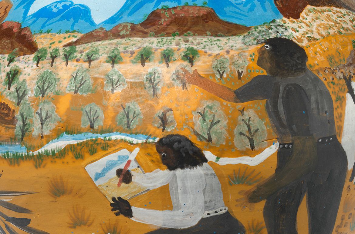 Irene Entata, Arrernte/Luritja people, Australia 1946–2014; Hermannsburg Potters, Australia est.1990 / Rex and Albert painting in Palm Valley (detail) 2001 / Earthenware, hand-built terracotta clay with underglaze colours and applied decoration, leather / 50 x 29cm (diam.) (complete) / Purchased 2019. QAGOMA Foundation / Collection: Queensland Art Gallery | Gallery of Modern Art / © Irene Mbitjana Entata/Copyright Agency