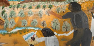Irene Entata, Arrernte/Luritja people, Australia 1946–2014; Hermannsburg Potters, Australia est.1990 / Rex and Albert painting in Palm Valley (detail) 2001 / Earthenware, hand-built terracotta clay with underglaze colours and applied decoration, leather / 50 x 29cm (diam.) (complete) / Purchased 2019. QAGOMA Foundation / Collection: Queensland Art Gallery | Gallery of Modern Art / © Irene Mbitjana Entata/Copyright Agency