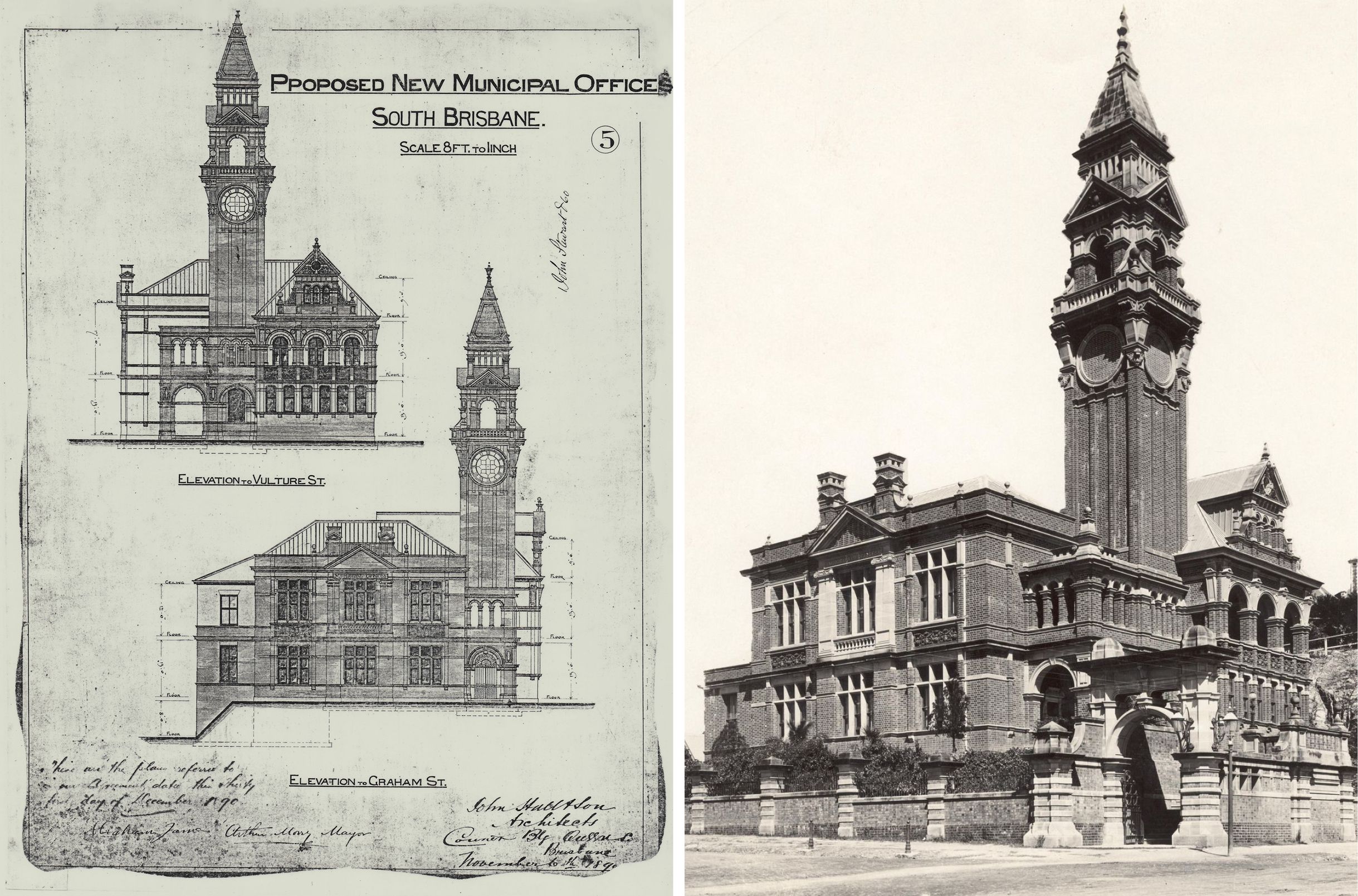 (l-r) South Brisbane Municipal Offices Proposed Elevations, 1890; Item ID ITM1684408; Courtesy: Queensland State Archives / South Brisbane Municipal Offices, c.1892; Courtesy: Mobsby Collection, Fryer Library, University of Queensland