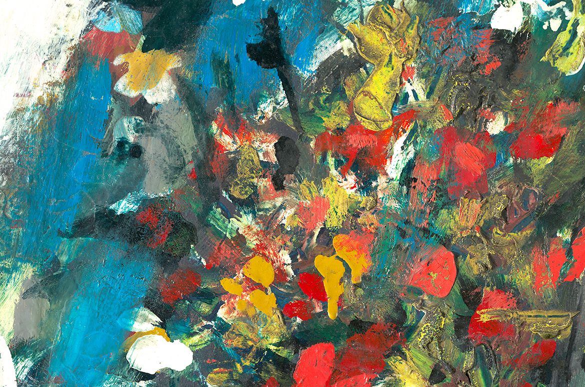 Impasto brush strokes in the bouquet of Charles Blackman’s The Blue Alice 1956-57
