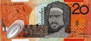 Ryan Presley, Marri Ngarr people, Australia b.1987 / Blood Money–Twenty Dollar Note–Jandamarra Commemorative (detail) 2011 / Watercolour on paper / Dimensions variable / Image courtesy: Ryan Presley and Milani Gallery, Brisbane / Photography: Carl Warner