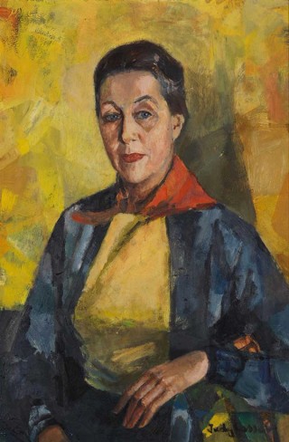 Judy Cassab / Australia 1920-2015 / Portrait of Treania Smith 1957 / Oil on plywood / 83 x 55.5cm (sight) / Gift of Treania Bennett BEM (nee Smith) 1990 / Collection: Queensland Art Gallery | Gallery of Modern Art / © Judy Cassab Estate/Licensed by Copyright Agency
