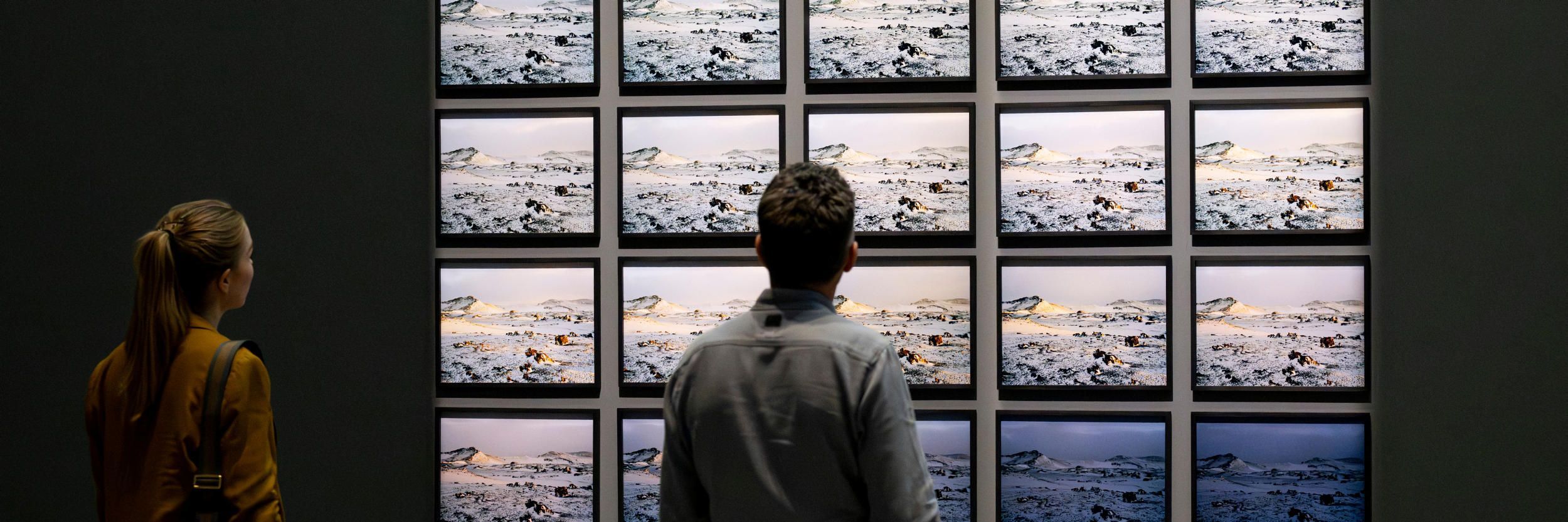 Two people view a series of 20 photographs installed in rows of five on a dark gallery wall; the photographs depict snowy landscapes in Iceland.