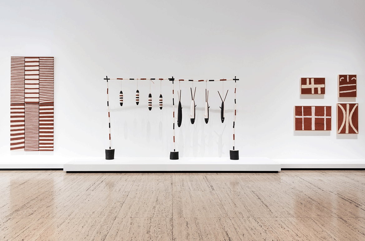 Alair Pambegan, Australia b.1966, and Arthur Koo-ekka Pambegan Jr, Australia 1936–2010 / Wik-Mungkan people / Kalben (A Sacred Site in the Flying fox Story) and Walken aw (A Bonefish Story Place) 2008–09 / Ochres and charcoal with acrylic binder on milkwood, bush rope, bush string /
Private collection / © Alair Pambegan; Estate of Arthur Koo-ekka Pambegan Jr