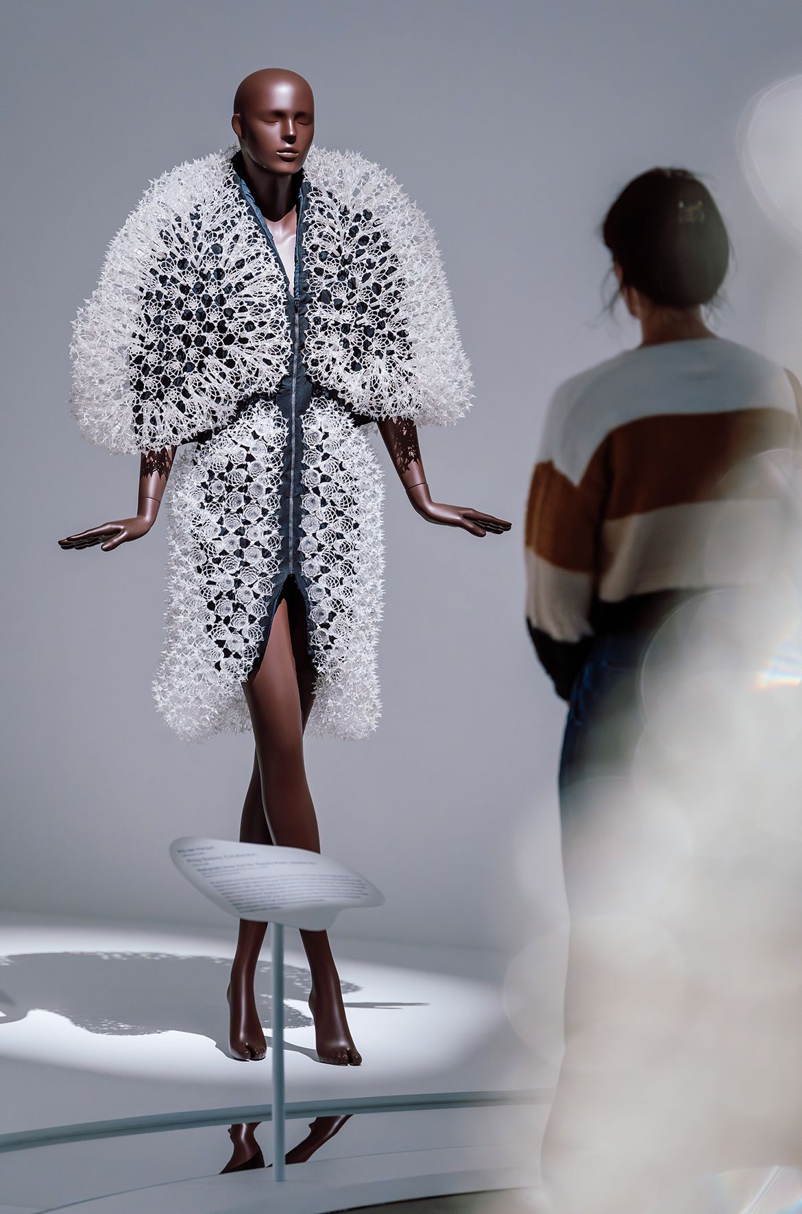 Iris van Herpen, Netherlands b.1984 / Philip Beesley (Collaborator), Canada b.1956 / Radiography dress, from the ‘Magnetic Motion’ collection 2014 installed in ‘Iris van Herpen: Sculpting the Senses’, GOMA 2024 / Laser-cut and thermally expanded PETG, silicone, microfibre / © & courtesy: Iris van Herpen atelier / Photograph: N Umek © QAGOMA