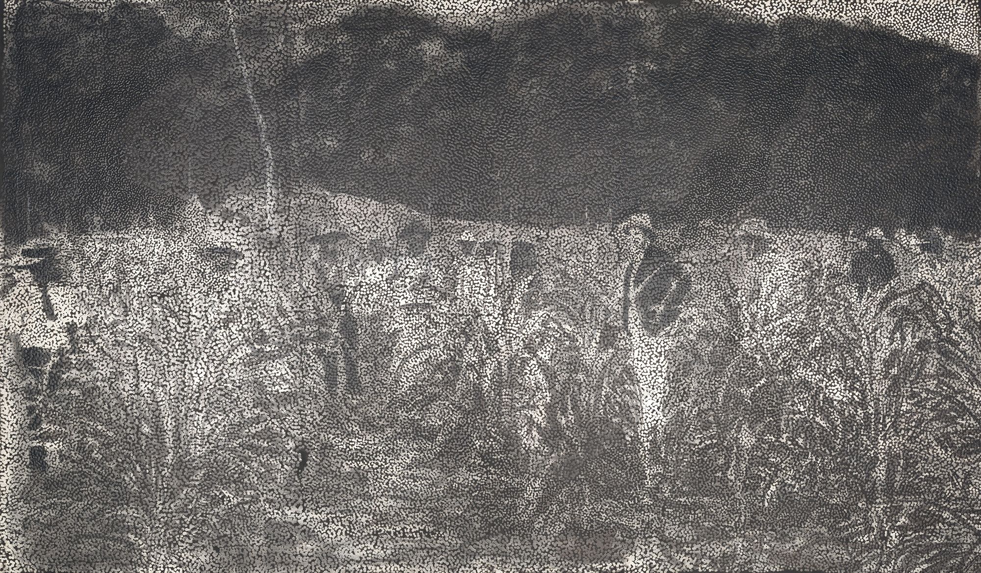 Daniel Boyd, Kudjla/Gangalu people, Queensland Australia b.1982 / Untitled (HNDFWMIAFN) 2017 / Oil, charcoal and archival glue on polyester / 210 x 360cm / Commissioned 2017 with funds from Belinda and Darren Elderton through the QAGOMA Foundation / Collection: Queensland Art Gallery | Gallery of Modern Art / © Daniel Boyd