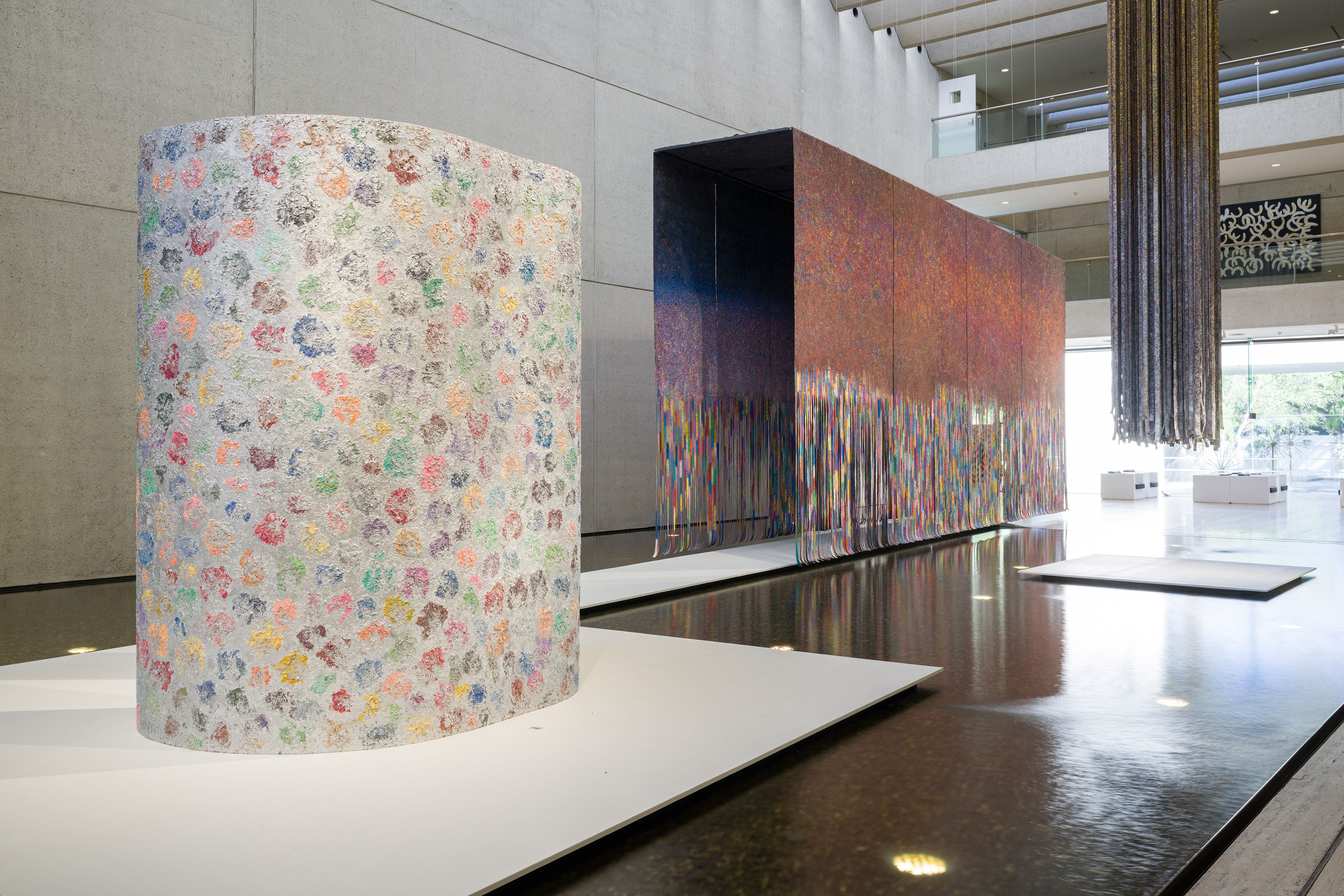 Mit Jai Inn / Chiang Mai, Thailand, b.1960 / Views of work installed for the 11th Asia Pacific Triennial, QAG, 2024: Untitled (Scroll #APT) 2024 / Oil on canvas / Purchased 2024 with funds from Tim Fairfax AC through the Queensland Art Gallery | Gallery of Modern Art Foundation / Collection: Queensland Art Gallery | Gallery of Modern Art; with Untitled (Totem #APT) 2024 and Untitled (Tunnel #APT) 2024 / Oil on canvas / Commissioned for APT11 / Courtesy: The artist and Silverlens, Manila and New York / © Mit Jai Inn / Photograph: C Callistemon, QAGOMA