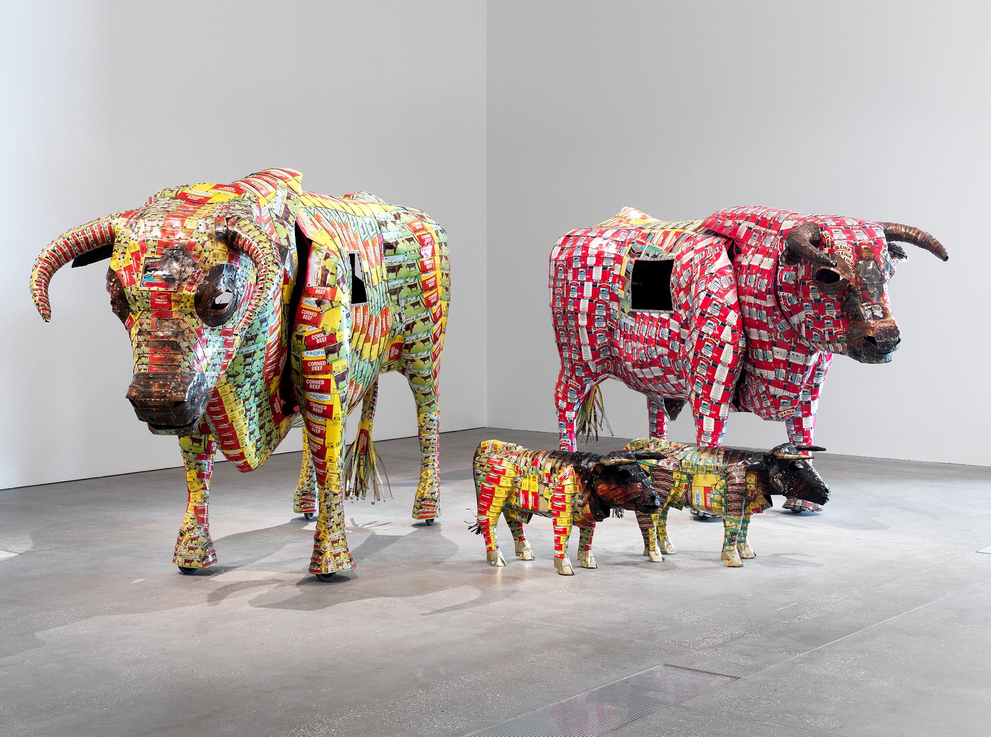 Michel Tuffery, New Zealand b.1966 / Povi tau vaga (The challenge) 1999 / Aluminium, pinewood, corn beef tins and rivets with Mini DV: 2:43 minutes, colour, stereo / Two sculptures: 190 x 308 x 96cm; two sculptures: 59 x 109 x 38cm / Purchased 1999. Queensland Art Gallery Foundation / Collection: Queensland Art Gallery | Gallery of Modern Art / © Michel Tuffery