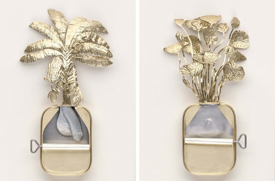 Fiona Hall, Australia b.1953 / Works from Sri Lankan set: Kehel (Sinhala), vala (Tamil); Banana; Musa sapientum / Sri Lankan set: Pol (Sinhala), thennai (Tamil); Coconut palm; Cocos nucifera / Sri Lankan set: Nelum (Sinhala), thamarei (Tamil); Lotus; Nelumbo nucifera / Sri Lankan set: Araliya (Sinhala), malliya poo (Tamil); Temple tree, frangipani; Plumeria actifolia (from ‘Paradisus Terrestris’ series) 1999 / Aluminium and tin / Eight pieces: 28x 18 x 4cm (each, approx.) Purchased 2021. The Josephine Ulrick and Win Schubert Charitable Trust / Collection: The Josephine Ulrick and Win Schubert Charitable Trust, Queensland Art Gallery | Gallery of Modern Art / © Fiona Hall