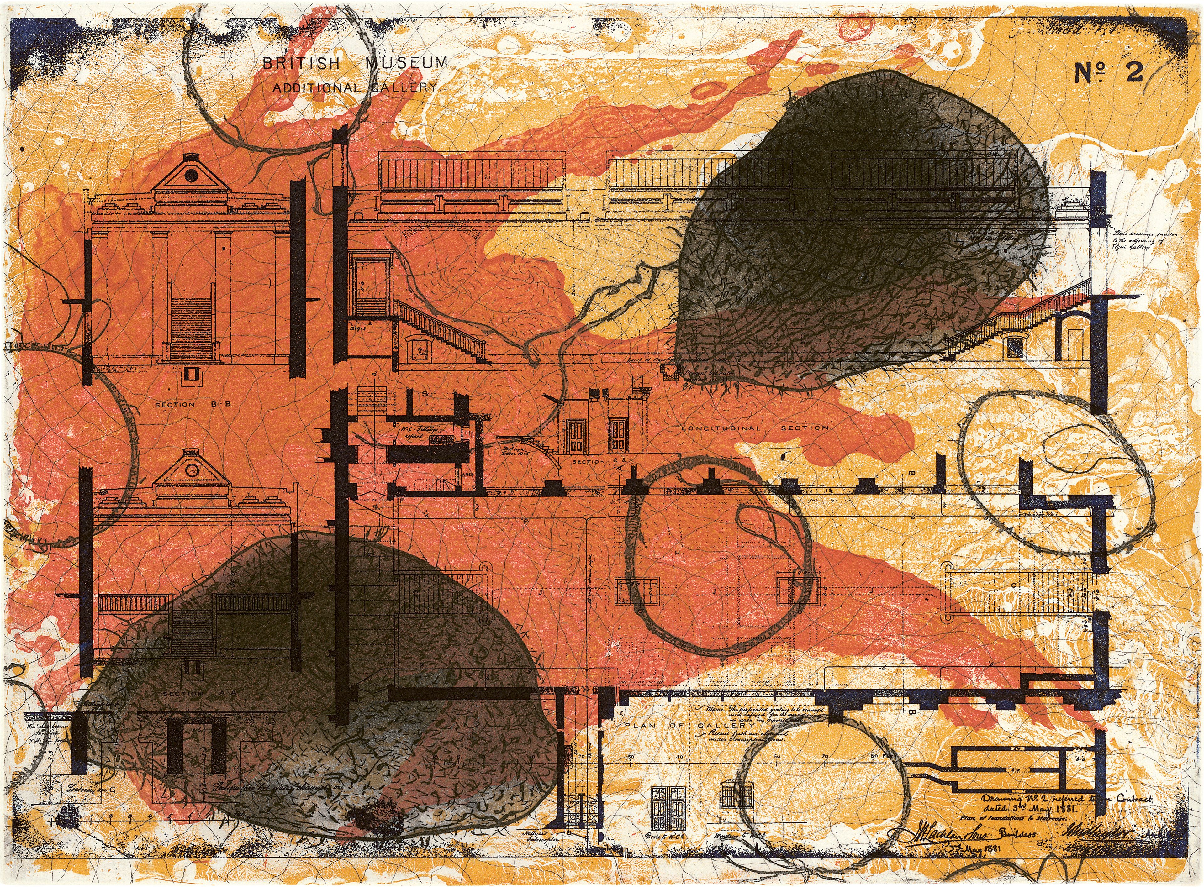 Judy Watson / Waanyi people / Australia b.1959 / the holes in the land #1 2015 / Four‑plate etching on Velin Arches paper, ed. 14/30 / 37.5 x 49.5cm / Gift of the artist through the Queensland Art Gallery | Gallery of Modern Art Foundation 2021. Donated through the Australian Government's Cultural Gifts Program / Collection: Queensland Art Gallery | Gallery of Modern Art