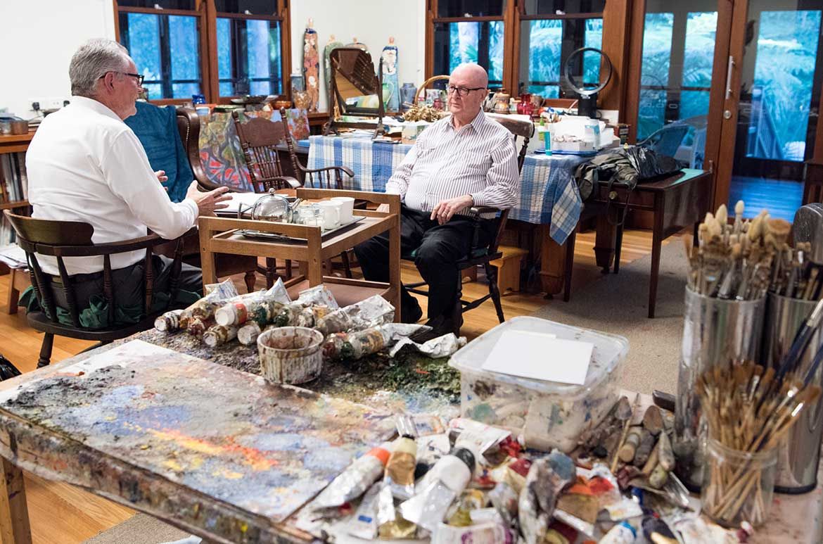 Chris Saines and William Robinson (right) in the artist’s home studio, September 2017 / Photograph: C Callistemon © QAGOMA