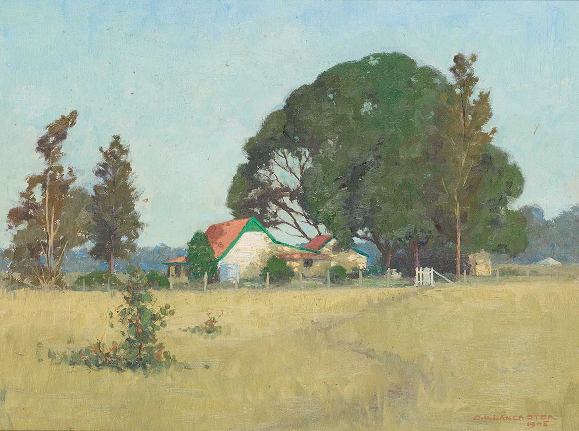Charles H Lancaster, Australia 1886-1959 / The homestead, Lone Pine 1945 / Oil on canvas on composition board / 30.5 x 41cm / Purchased 1945 / Collection: Queensland Art Gallery | Gallery of Modern Art / © Charles H Lancaster Estate
