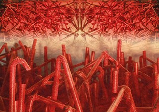 Sophie Raymond, Goondiwindi State High School / Sucked in 2015 / Digital print / © The artist / Artist Statement: This appropriation of the Garden of Eden is a satirical parody representing temptation, consumerism, waste and the consequences of pollution. Red plastic drinking straws replace trees to form a forest of degradation and a man-made battleground. The original sculptural maquette has been digitally manipulated to create a labyrinthine forest resembling Armageddon and a human wasteland. The plastic drinking straws are also a metaphor for temptation, and allude to the figure of speech ‘sucked in’. As humans we are aware of our impacts on the environment, but we are unable to curb our temptations to use and then throw away.