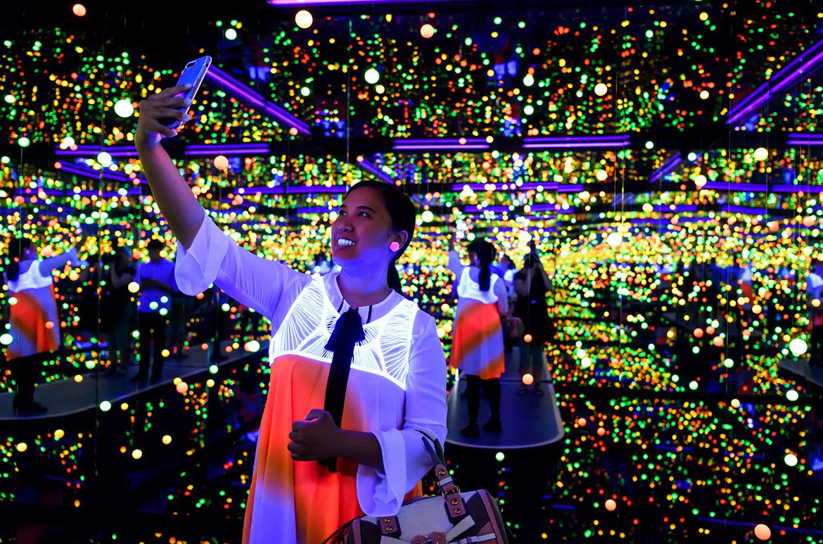 Yayoi Kusama, Japan b.1929 / Soul under the moon 2002 / Mirrors, ultra violet lights, water, plastic, nylon thread, timber, synthetic polymer paint / The Kenneth and Yasuko Myer Collection of Contemporary Asian Art. Purchased 2002 with funds from Michael Sidney Myer and The Myer Foundation, a project of the Sidney Myer Centenary Celebration 1899-1999, through the Queensland Art Gallery Foundation and The Yayoi Kusama Queensland Art Gallery Foundation Appeal / © Yayoi Kusama / Courtesy: Yayoi Kusama Studio, Inc. / Installation view at GOMA, 2017