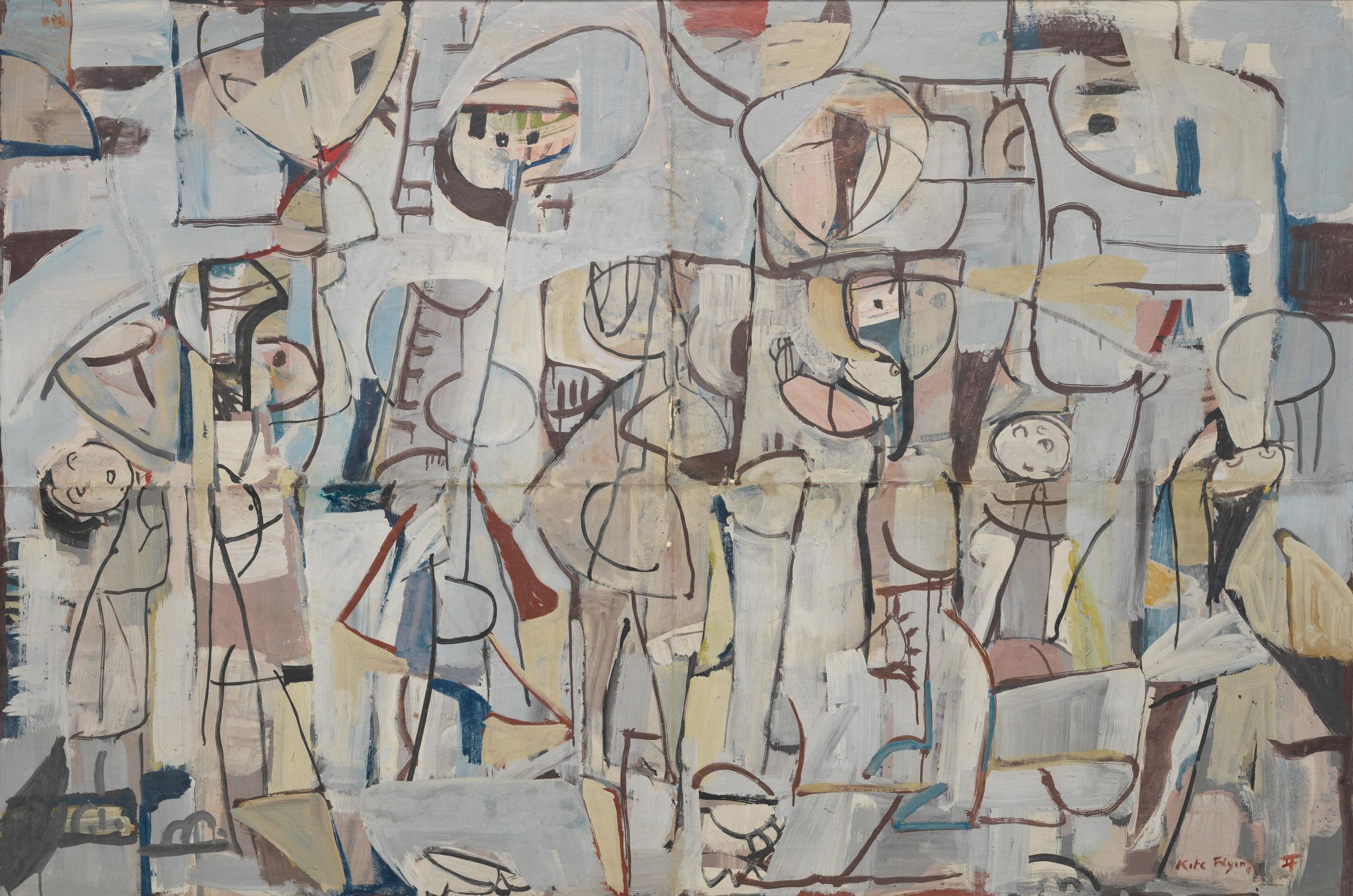 Ian Fairweather, Scotland/Australia 1891-1974 / Kite flying 1958 / Synthetic polymer paint and gouache on cardboard laid down on composition board / 129.4 x 194cm / Purchased 1985 with the assistance of funds raised through a special Queensland Art Gallery Foundation appeal and with a contribution from the Queensland Art Gallery Society / Collection: Queensland Art Gallery | Gallery of Modern Art / © Ian Fairweather/DACS/Copyright Agency