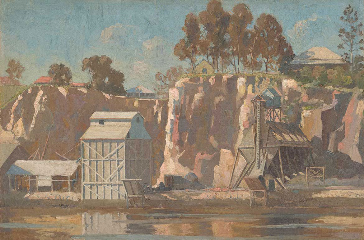 Charles H Lancaster, Australia 1886–1959 / The Quarry (Kangaroo Point) 1930s / Oil on canvas / 44.5 x 54cm / Gift of Kathleen Marshall through the Queensland Art Gallery | Gallery of Modern Art Foundation 2014 / Collection: Queensland Art Gallery | Gallery of Modern Art / © Estate of the artist