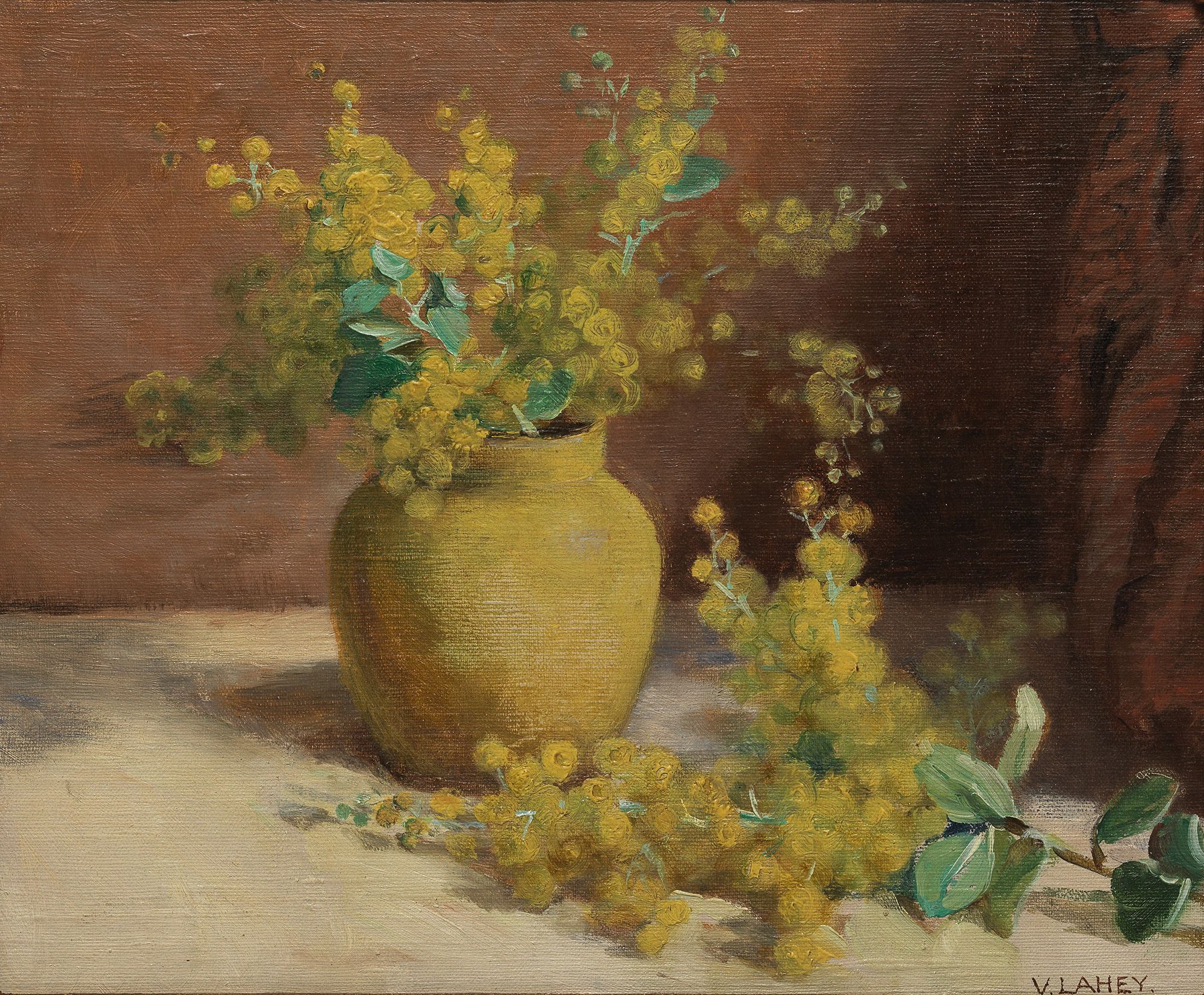 Vida Lahey, Queensland Australia 1882–1968 / Wattle in a yellow vase c.1912-15 / Oil on canvas on plywood / 24 x 29cm / Gift of the Estate of Shirley Lahey through the QAG Foundation 2012 / Collection: Queensland Art Gallery | Gallery of Modern Art / © QAGOMA
