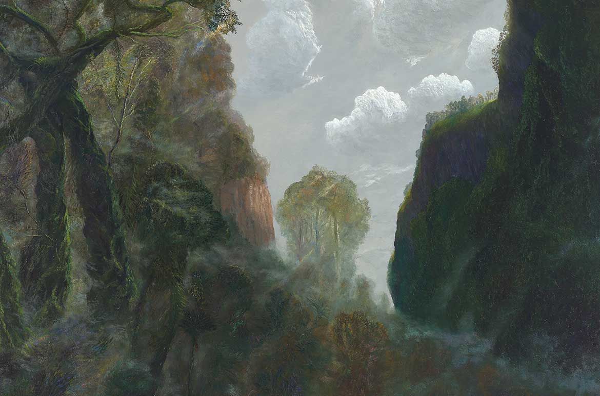 William Robinson, Australia 1936-2025 / Rainforest and mist in afternoon light (detail) 2002 / Oil on linen / 167.5 x 243.5cm / Purchased 2017. QAGOMA Foundation / Collection: Queensland Art Gallery | Gallery of Modern Art/ © William Robinson Estate