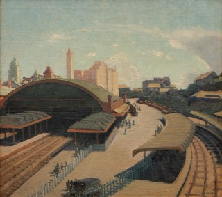 Vida Lahey, Australia 1882-1968 / Sultry noon [Central Station, Brisbane] 1931 / Oil on canvas on plywood / 44.7 x 49.2cm / Purchased 1983 / Collection: Queensland Art Gallery | Gallery of Modern Art / © QAGOMA
