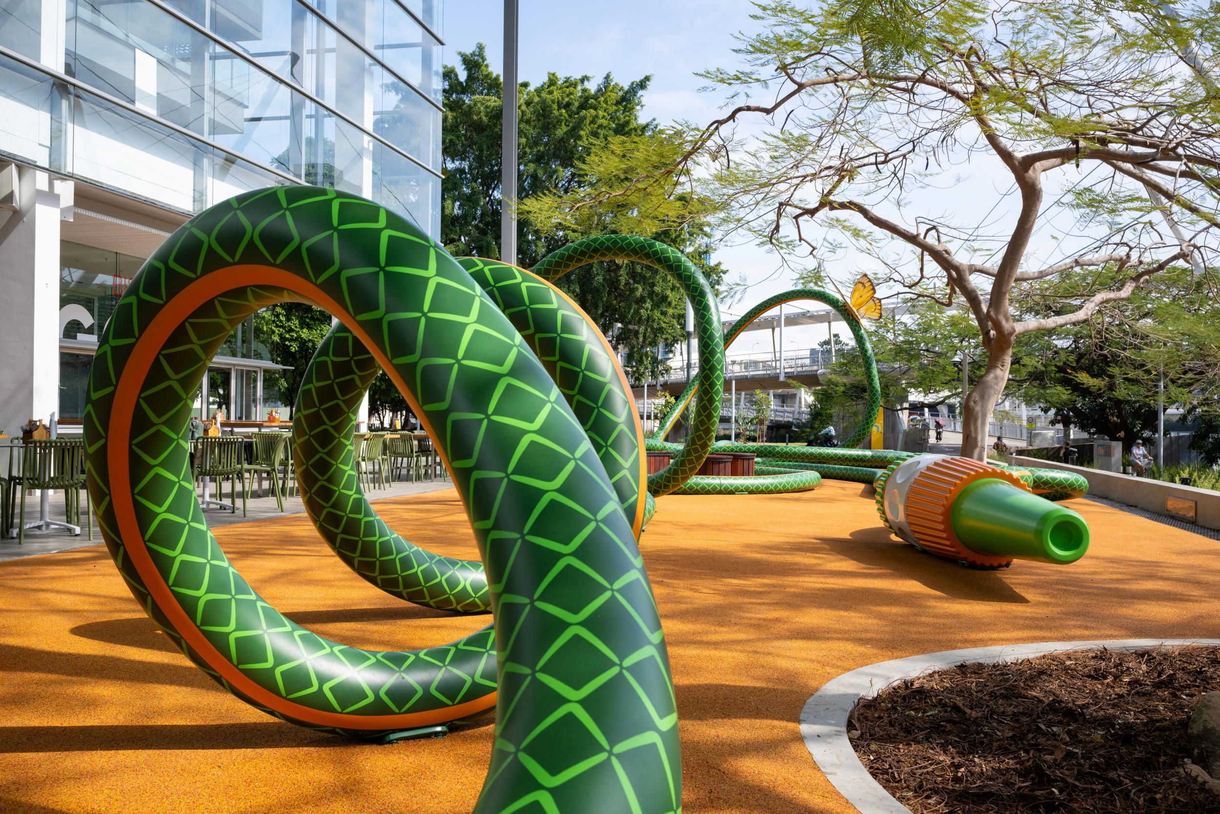 Tony Albert, Girramay/Yidinyji/Kuku Yalanji peoples, Australia b.1981 / Nell, Australia b.1975 / The Big Hose (detail) (installation view) 2022–25 / Aluminium, reclaimed hardwood, paint, rubber / Commissioned 2022. This project has been realised with generous support from Andrew and Dr Susan King, the Neilson Foundation, Margaret Mittelheuser AM and Cathryn Mittelheuser AM, Gina Fairfax AC, Dr Shirley Hsieh, and the 2022 QAGOMA Foundation Appeal / Collection: Queensland Art Gallery | Gallery of Modern Art / © Tony Albert and Nell / Photograph: N Umek © QAGOMA