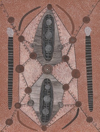 Tim Leura Tjapaltjarri, Anmatyerre/Arrernte people, Australia NT c.1929–84 / Untitled (Euro Dreaming Ceremony) 1972 / Synthetic polymer paint on composition board / 61 x 48cm / Purchased 2020 with the support of the Australian Government through the National Cultural Heritage Account and the QAGOMA Foundation / Collection: Queensland Art Gallery | Gallery of Modern Art / © Estate of Tim Leura Tjapaltjarri/Licensed by Aboriginal Artists Agency