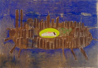 Jenny Watson, Australia b.1951 / Sleeping in New York 1991 / Oil, pigment, plastic pearls and buttons on canvas / 198 x 285cm / Purchased 1992 under the Contemporary Art Acquisition Program with funds from Feez Ruthning, Solicitors & Notaries through the QAG Foundation / Collection: Queensland Art Gallery | Gallery of Modern Art / © Jenny Watson