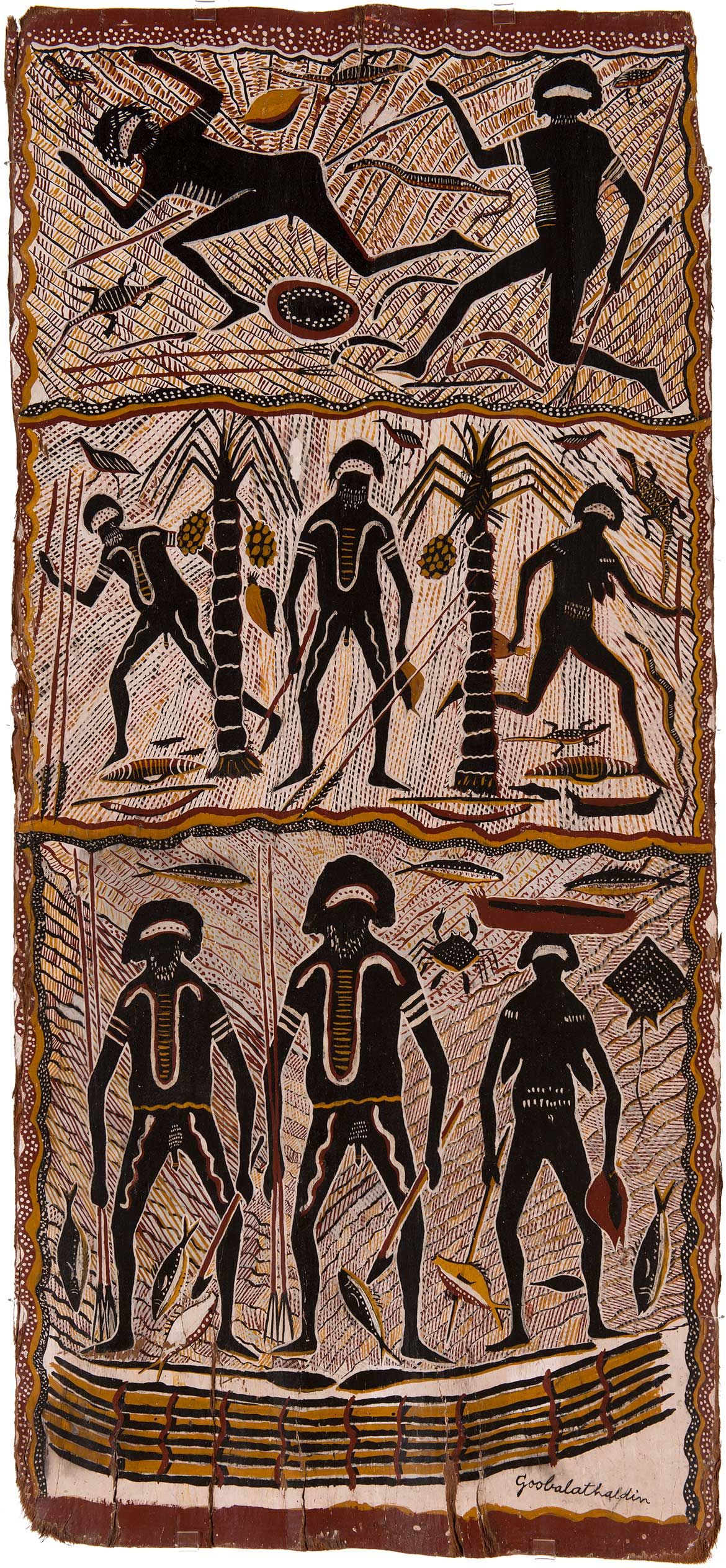 Goobalathaldin Dick Roughsey, Lardil people, Australia 1924–85 / Untitled ND / Pigment on bark / 145 x 67cm / Donated by Ray Crooke through the Cultural Gifts Program, 2011 / Collection: Cairns Art Gallery / © Goobalathaldin Dick Roughsey Estate/ Copyright Agency