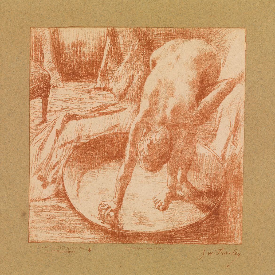 Georges William Thornley, Lithographer, 1857-1935/ after Edgar Degas, Artist, France 1834-1917 / Le Bain (The bath) c.1888, published 1889 (in ‘Quinze lithographies d’après Degas’ (Paris: Boussod & Valadon)) / Crayon manner lithograph (from transfer paper); printed in red/brown ink on paper (chine collé), laid down on green paper backing sheet / 20.3 x 20.2cm (comp.) / Gift of the Margaret Olley Art Trust through the QAGOMA Foundation 2012 / Collection: Queensland Art Gallery | Gallery of Modern Art