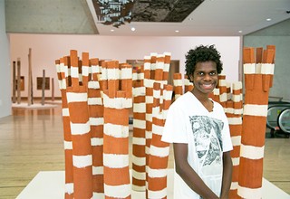 Waynead Wolmby was thrilled to see the work of Joe Ngallametta from his home town of Aurukun on display in ‘Everywhen, Everywhere’ at the entrance to QAG / Joe Ngallametta, Australia 1945-2005, Thap yongk (Law poles) 2002-03, Carved milkwood (Alstonia muellerana) with synthetic polymer paint and natural pigments, Commissioned 2002 with funds from the Queensland Art Gallery Foundation Grant © The artist