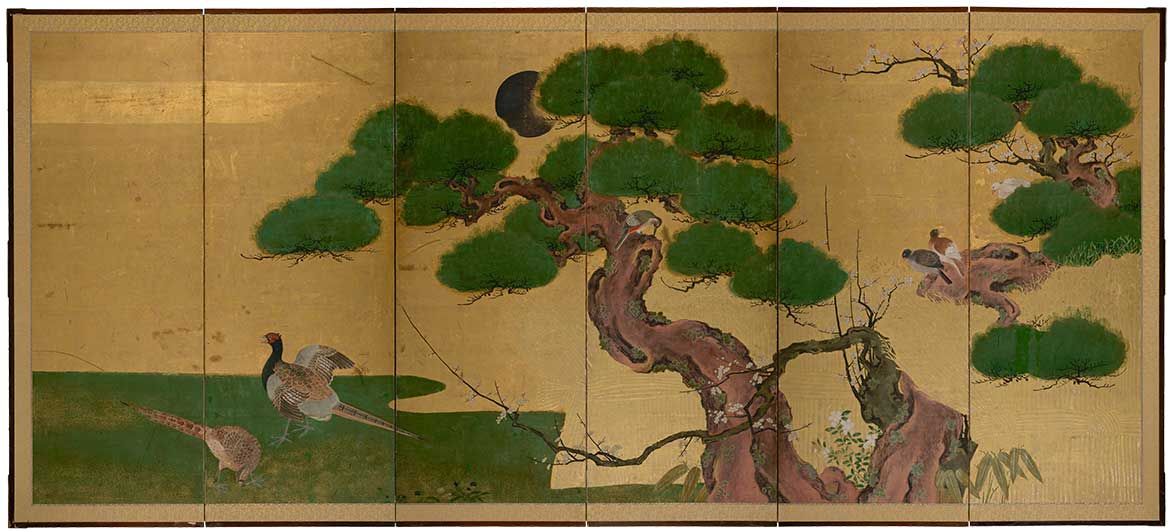 Tosa School, Japan / Pair of six-fold screens with pine trees c.1650 / Gold leaf with moriage detail and colour on paper on wooden framed screens / 165 x 374cm (each screen); 165 x 62cm (each panel) / Bequest of James Fairfax AC through the QAGOMA Foundation 2018 / Collection: Queensland Art Gallery | Gallery of Modern Art
