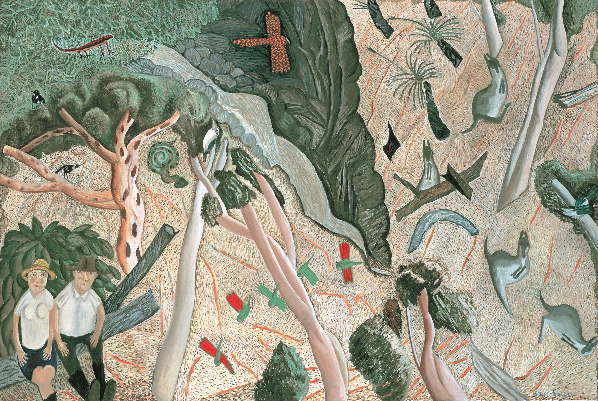 William Robinson, Queensland Australia 1936–2025 / William and Shirley, flora and fauna 1985 / Oil on canvas / 126 x 187cm / Purchased 1985 / Collection: Queensland Art Gallery | Gallery of Modern Art / © QAGOMA