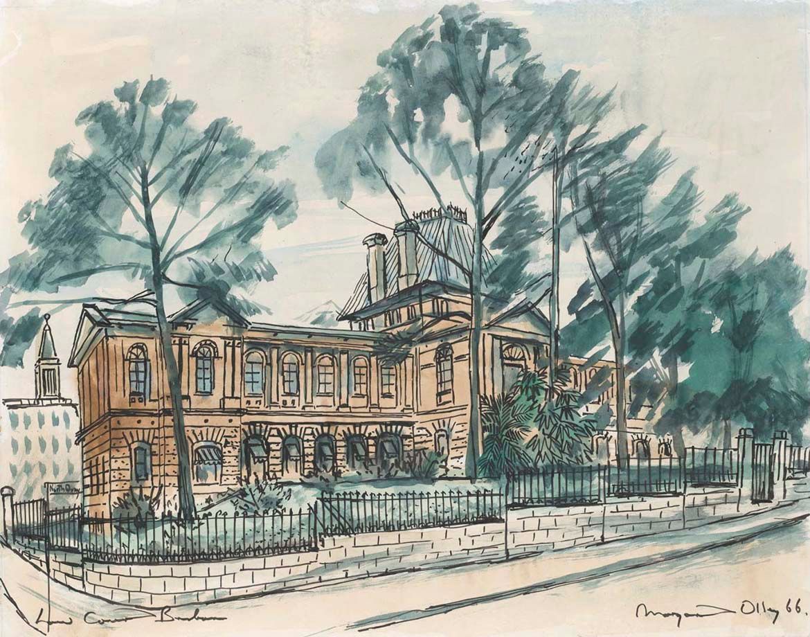 Margaret Olley, Australia 1923-2011 / Law Courts, Brisbane 1966 / Ink and watercolour on paper / 39 x 50cm / Purchased 2019 with funds from the Bequest of Helen Dunoon through the QAGOMA Foundation / Collection: Queensland Art Gallery | Gallery of Modern Art / © Margaret Olley Art Trust