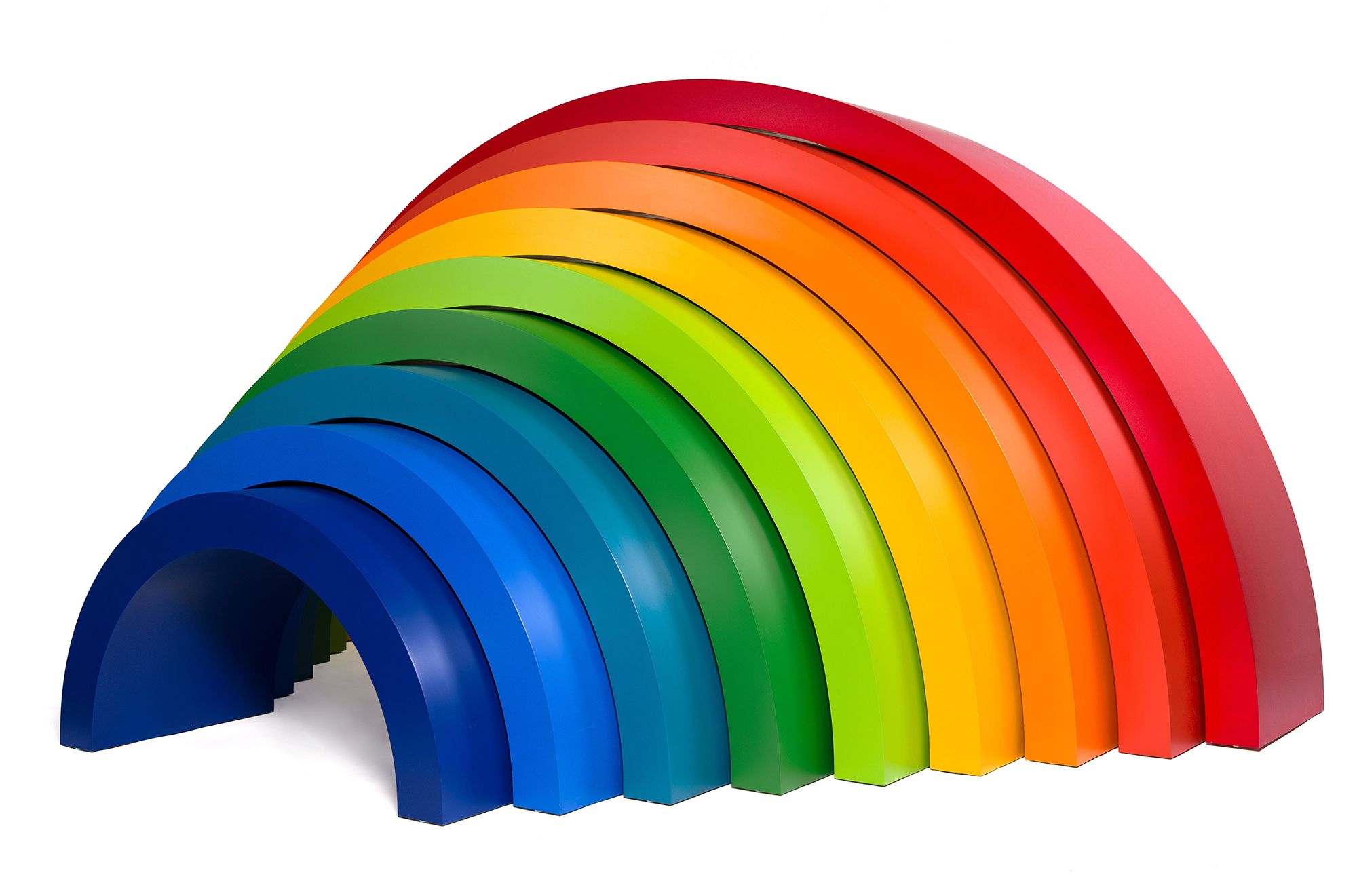 Emily Floyd, Australia b.1972 / Steiner rainbow 2006 / Two-part epoxy paint on medium density fibreboard / Nine parts. Part a (dark blue): 54 x 131 x 60cm; part b (light blue): 82 x 160 x 60cm; part c (teal): 96 x 188 x 60cm; part d (dark green): 110 x 217 x 60cm; part e (light green): 124.5 x 245 x 60cm; part f (yellow): 139 x 275 x 60cm; part g (orange): 154 x 303 x 60cm; part h (light red): 166 x 334 x 60cm; part i (deep red): 180 x 362.5 x 60cm. / Gift of the artist through the QAG Foundation 2011. Donated through the Australian Government's Cultural Gifts Program / Collection: Queensland Art Gallery | Gallery of Modern Art / © Emily Floyd