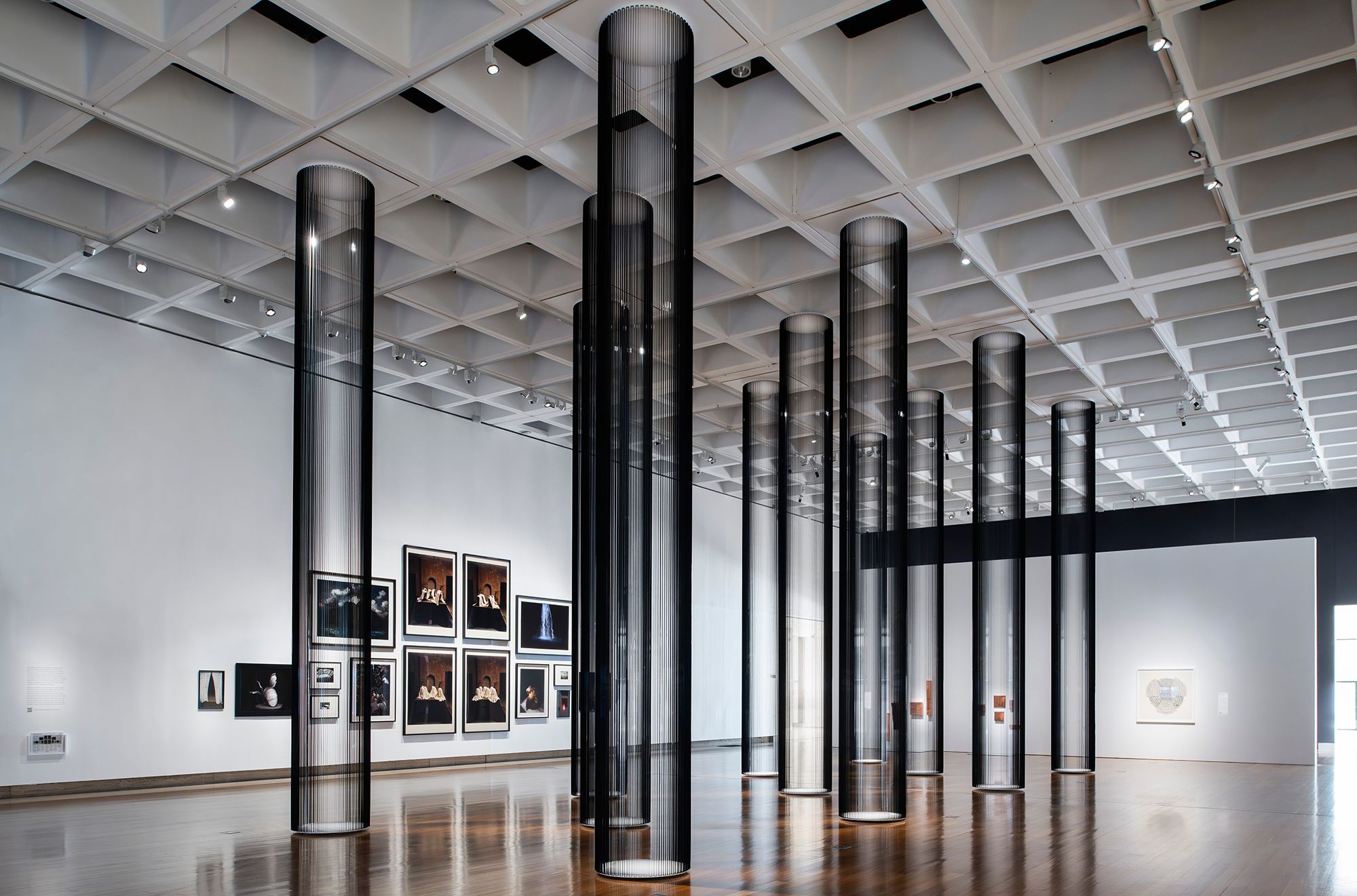 Zilvinas Kempinas, Lithuania b.1969 / Columns 2006 (Installed in 'Worlds within Worlds', QAG 2026) / Magnetic tape, painted wood panels and nails / Purchased 2012 with funds from Tim Fairfax AM through the QAG Foundation / Collection: Queensland Art Gallery | Gallery of Modern Art / © Zilvinas Kempinas / Photograph: J Ruckli © QAGOMA